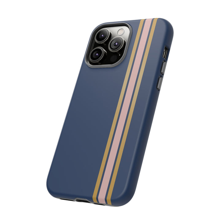 Tough Phone Case Navy Blue Pink Gold Stripe iPhone 18 17 16 15 14 13 12 Pro Max Plus, Samsung Galaxy S26 S25 S24 Ultra Cute Preppy Sport - Studio40ParkLane