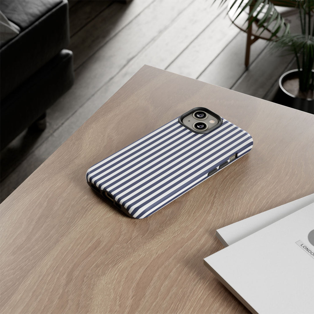 Tough Premium Navy Blue Stripes Phone Case Gift for Her - For Apple iPhone 16 Pro Max 16e iPhone 15 Pro iPhone Iphone 14 Plus 13 Pro 12 SE XR - Studio40ParkLane