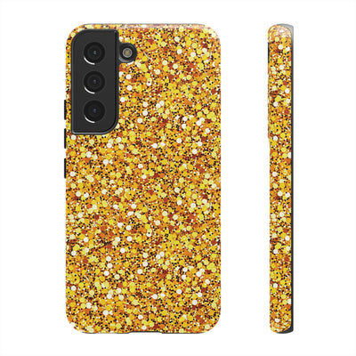 Chic Gold Faux Play on Glitter Effect Cute Phone Case, for IPhone 16 pro Max | Iphone 15, Iphone 14, IPhone 13 Case, 11 8 7, Samsung Galaxy S24, S23, S22, S21, 2 Layer Protection