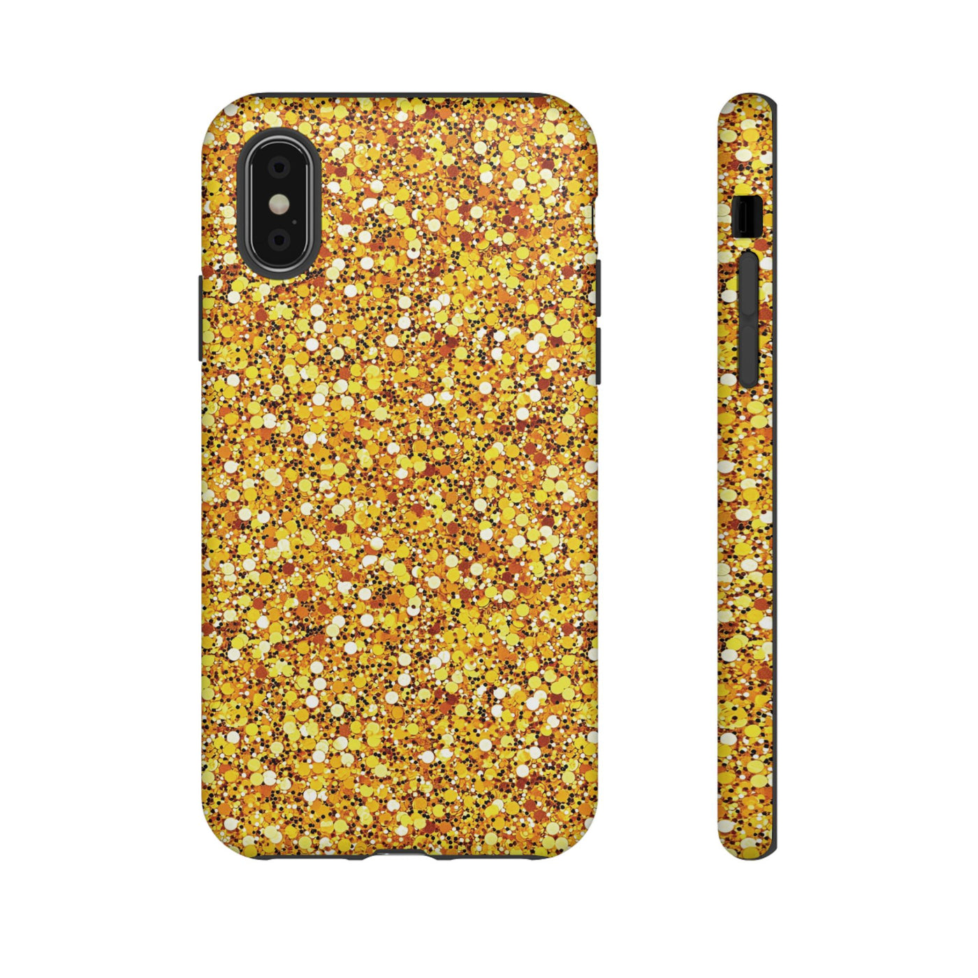 Chic Gold Faux Play on Glitter Effect Cute Phone Case, for IPhone 16 pro Max | Iphone 15, Iphone 14, IPhone 13 Case, 11 8 7, Samsung Galaxy S24, S23, S22, S21, 2 Layer Protection