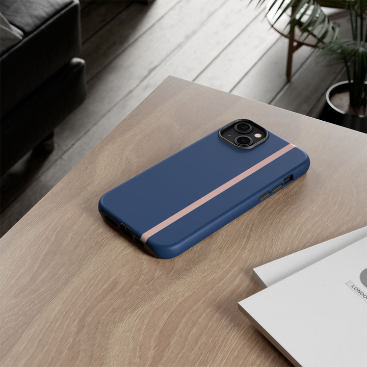 Tough Phone Case Navy Blue Orange Stripe iPhone 18 17 16 15 14 13 12 Pro Max Plus, Samsung Galaxy S26 S25 S24 Ultra Cute Preppy Sport - Studio40ParkLane