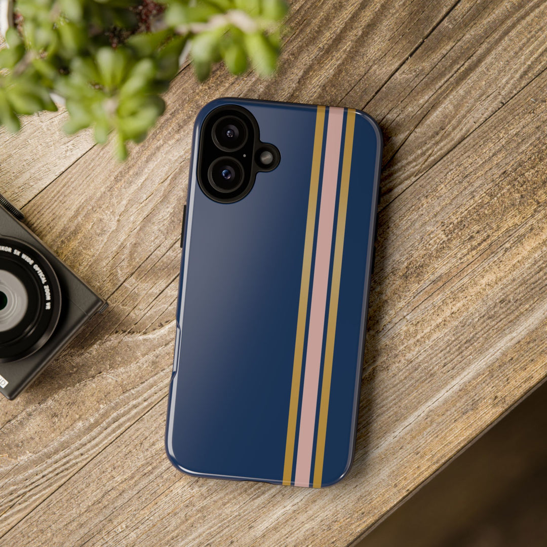 Tough Phone Case Navy Blue Pink Gold Stripe iPhone 18 17 16 15 14 13 12 Pro Max Plus, Samsung Galaxy S26 S25 S24 Ultra Cute Preppy Sport - Studio40ParkLane