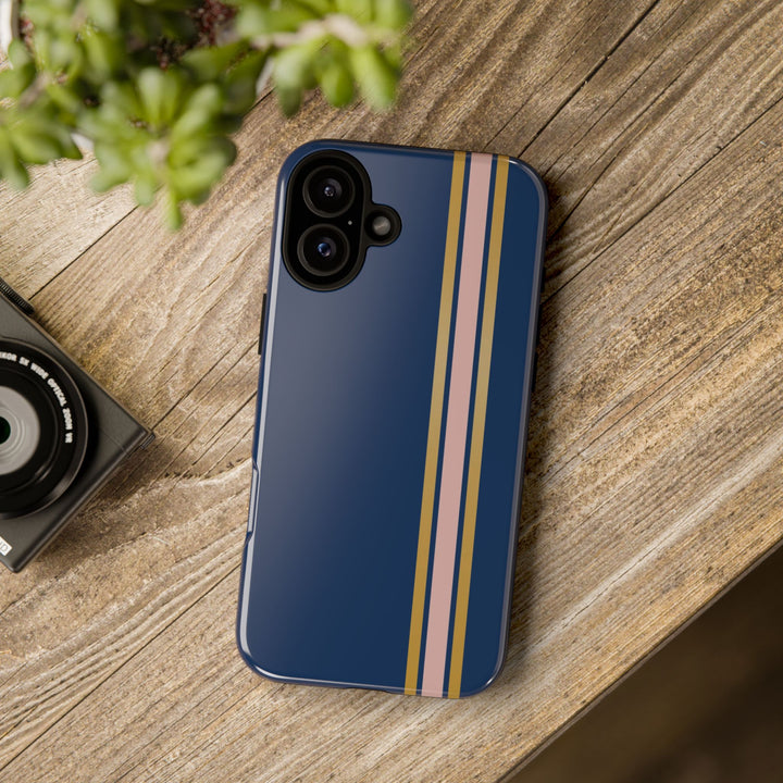 Tough Phone Case Navy Blue Pink Gold Stripe iPhone 18 17 16 15 14 13 12 Pro Max Plus, Samsung Galaxy S26 S25 S24 Ultra Cute Preppy Sport - Studio40ParkLane