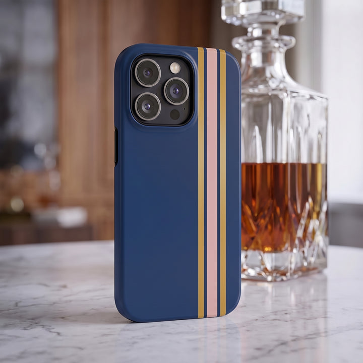 Tough Phone Case Navy Blue Pink Gold Stripe iPhone 18 17 16 15 14 13 12 Pro Max Plus, Samsung Galaxy S26 S25 S24 Ultra Cute Preppy Sport - Studio40ParkLane
