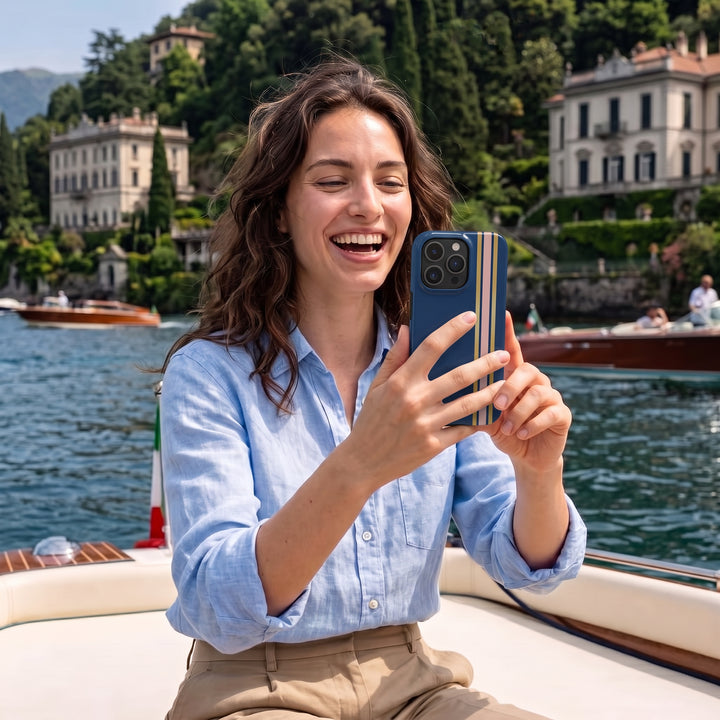 Tough Phone Case Navy Blue Pink Gold Stripe iPhone 18 17 16 15 14 13 12 Pro Max Plus, Samsung Galaxy S26 S25 S24 Ultra Cute Preppy Sport - Studio40ParkLane