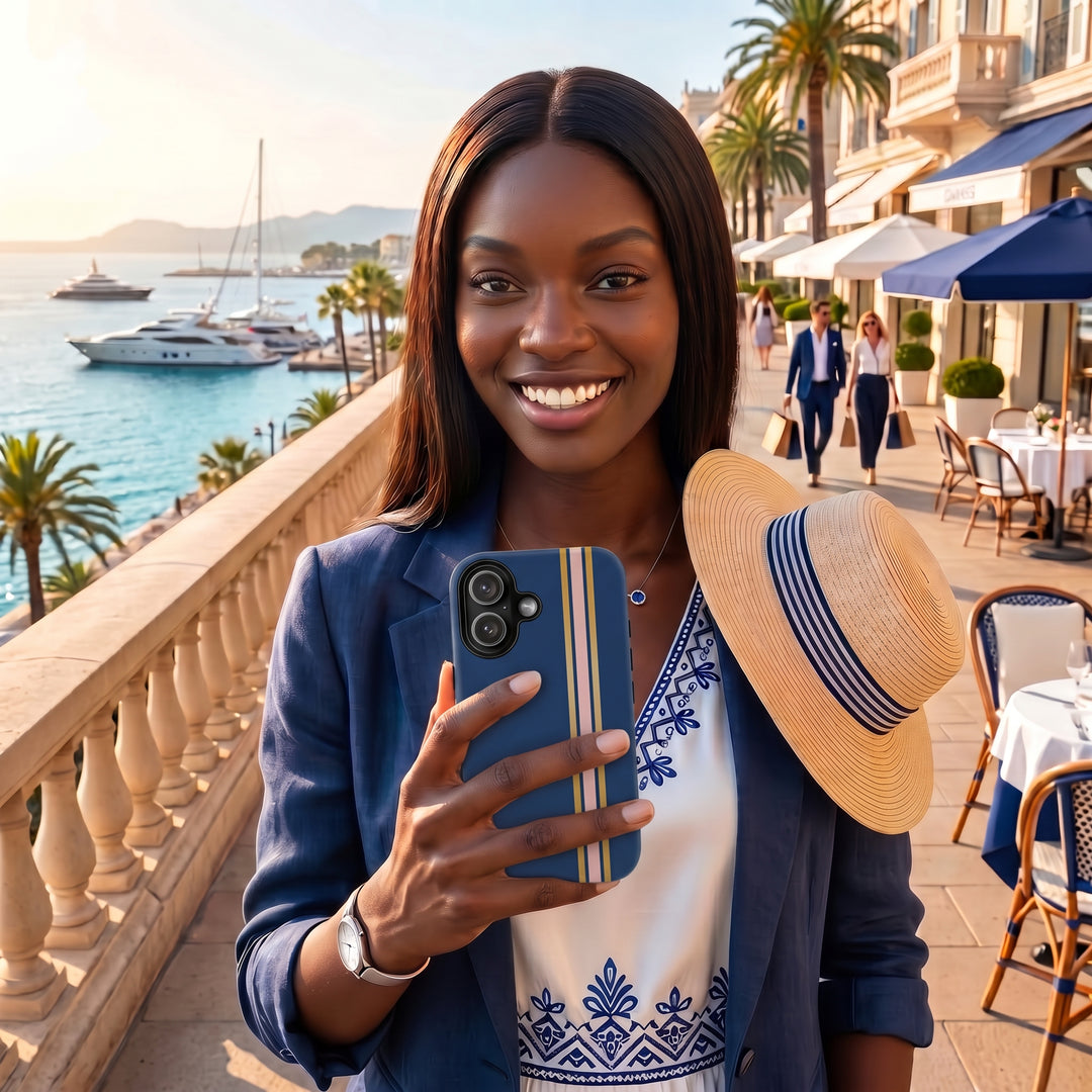 Tough Phone Case Navy Blue Pink Gold Stripe iPhone 18 17 16 15 14 13 12 Pro Max Plus, Samsung Galaxy S26 S25 S24 Ultra Cute Preppy Sport - Studio40ParkLane