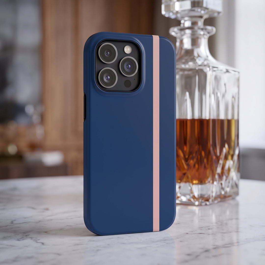 MagSafe Navy Blue Blush Pink Stripe Tough Phone Case iPhone 18 17 16 15 14 13 Pro Max Samsung Galaxy S26 Dual Layer Modern Luxury Cover - Studio40ParkLane
