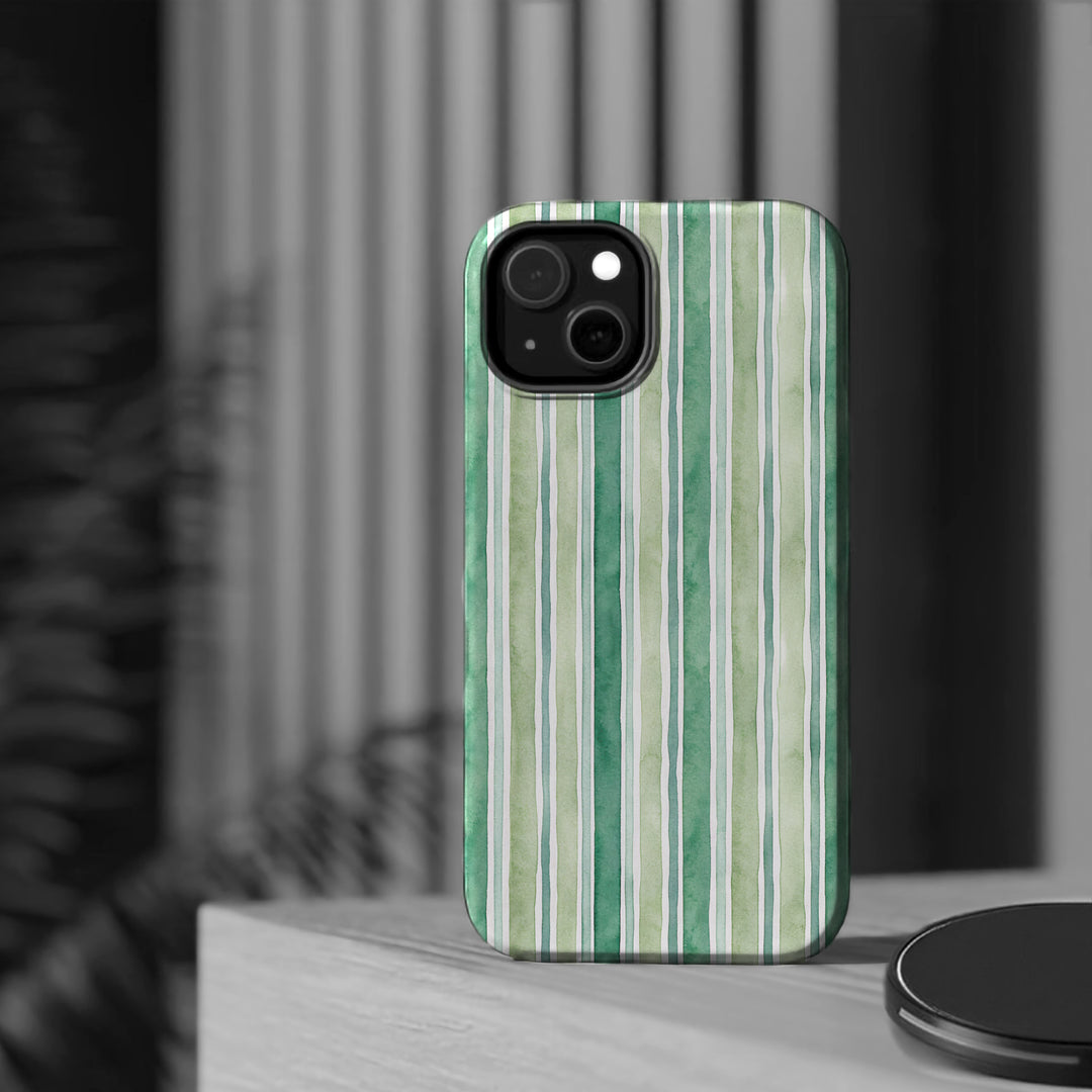 Aesthetic Tough Magsafe Green Stripes Watercolor Phone Case - For iPhone 17 Pro Max iPhone 16 Pro iPhone 15 Iphone 14 Plus 13 Pro 12 11 10 - Studio40ParkLane