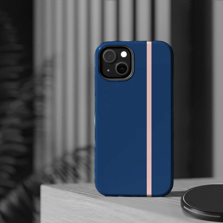 MagSafe Navy Blue Blush Pink Stripe Tough Phone Case iPhone 18 17 16 15 14 13 Pro Max Samsung Galaxy S26 Dual Layer Modern Luxury Cover - Studio40ParkLane