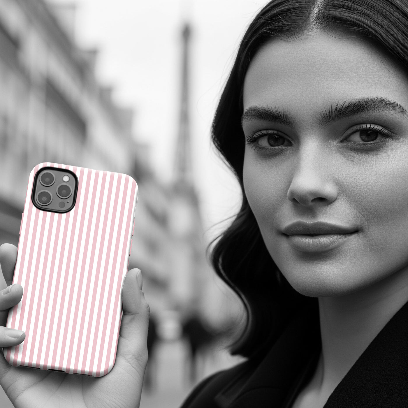 Woman holding a phone case with a sweet pink striped design, paris Eiffel Tower in the background