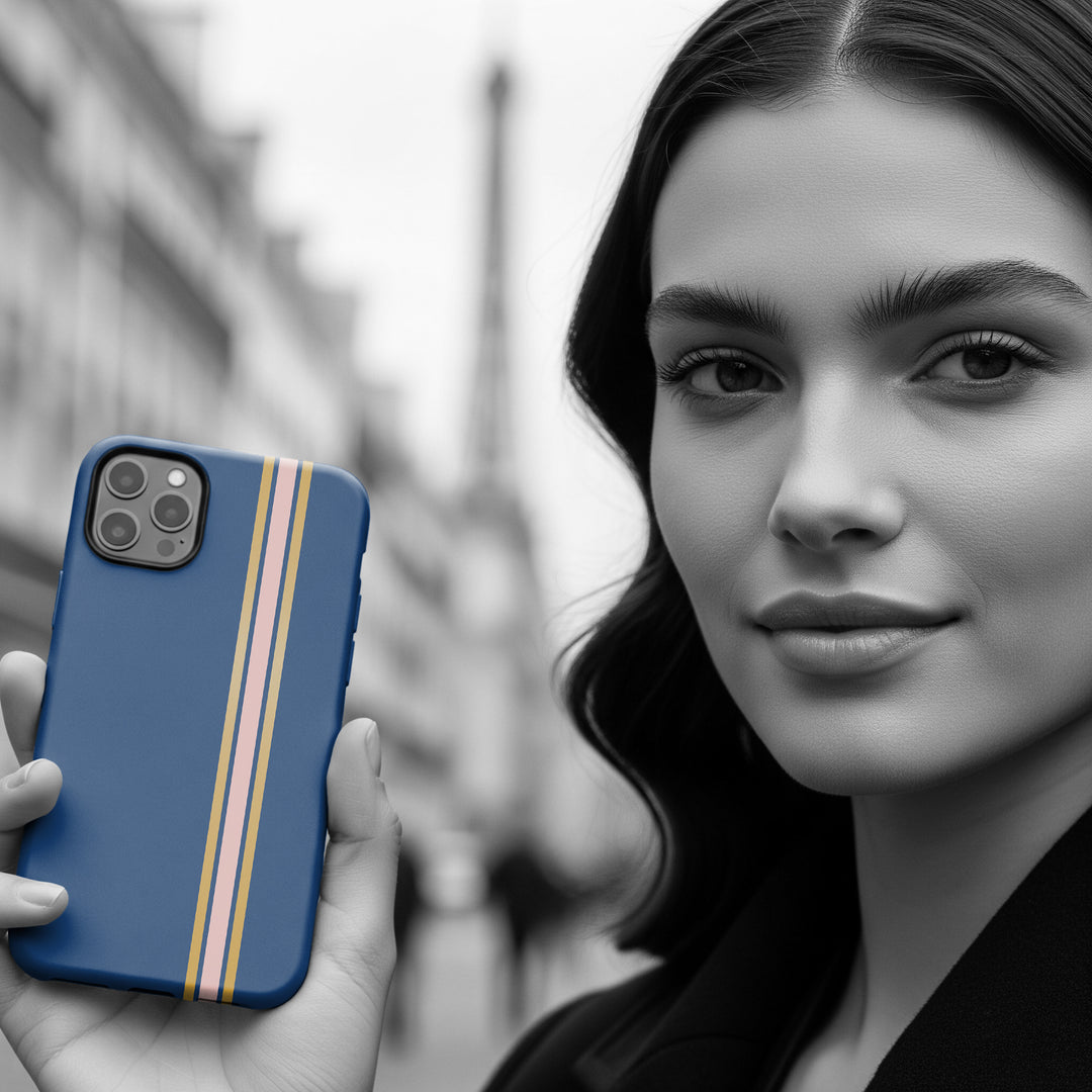 Tough Phone Case Navy Blue Pink Gold Stripe iPhone 18 17 16 15 14 13 12 Pro Max Plus, Samsung Galaxy S26 S25 S24 Ultra Cute Preppy Sport - Studio40ParkLane