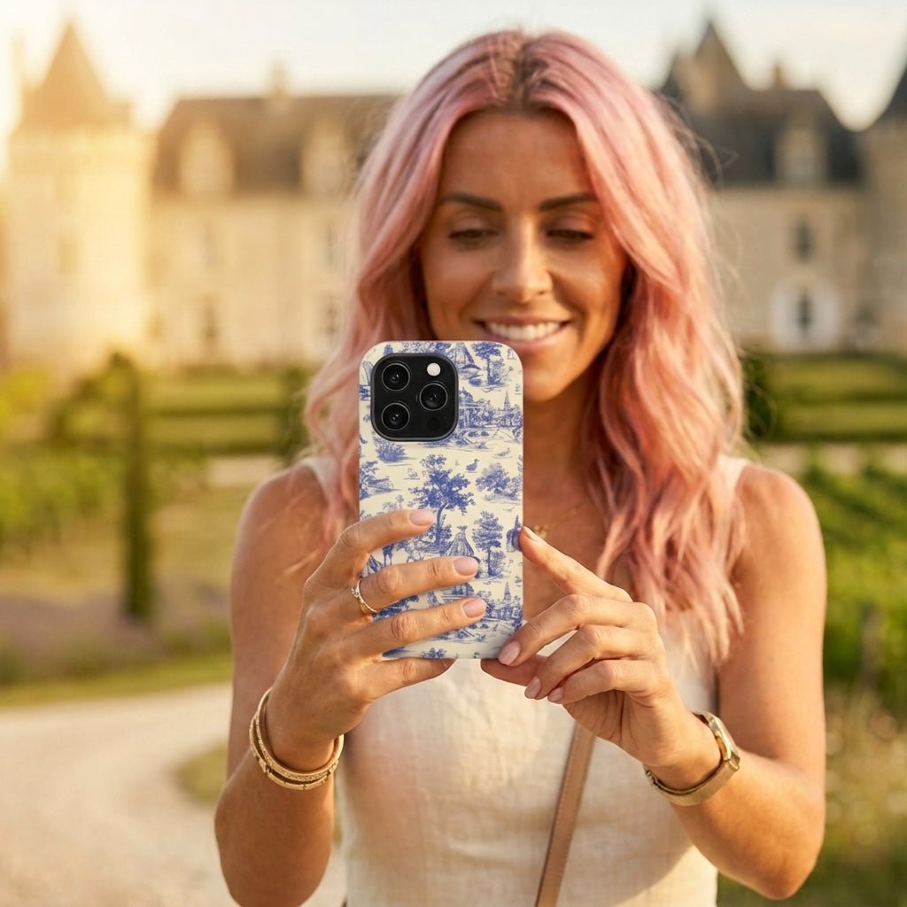 Slim Blue Vintage French Toile Cute Phone Cases for Iphone 16 Pro Max | iPhone 15 Case | iPhone 15 Pro Max Case, Iphone 14, Iphone 14 Pro Max, Iphone 13 12 11 8 7 - Studio40ParkLane